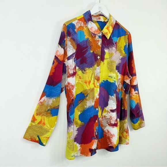 Soft Surroundings Painters Palette Colorful Abstract 100% Long Sleeve Button Up - Picture 4 of 16
